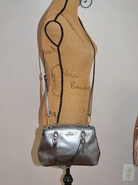 Coach Mini Christie Carryall Pebbled Metallic Gray Leather Purse Crossbody Bag
